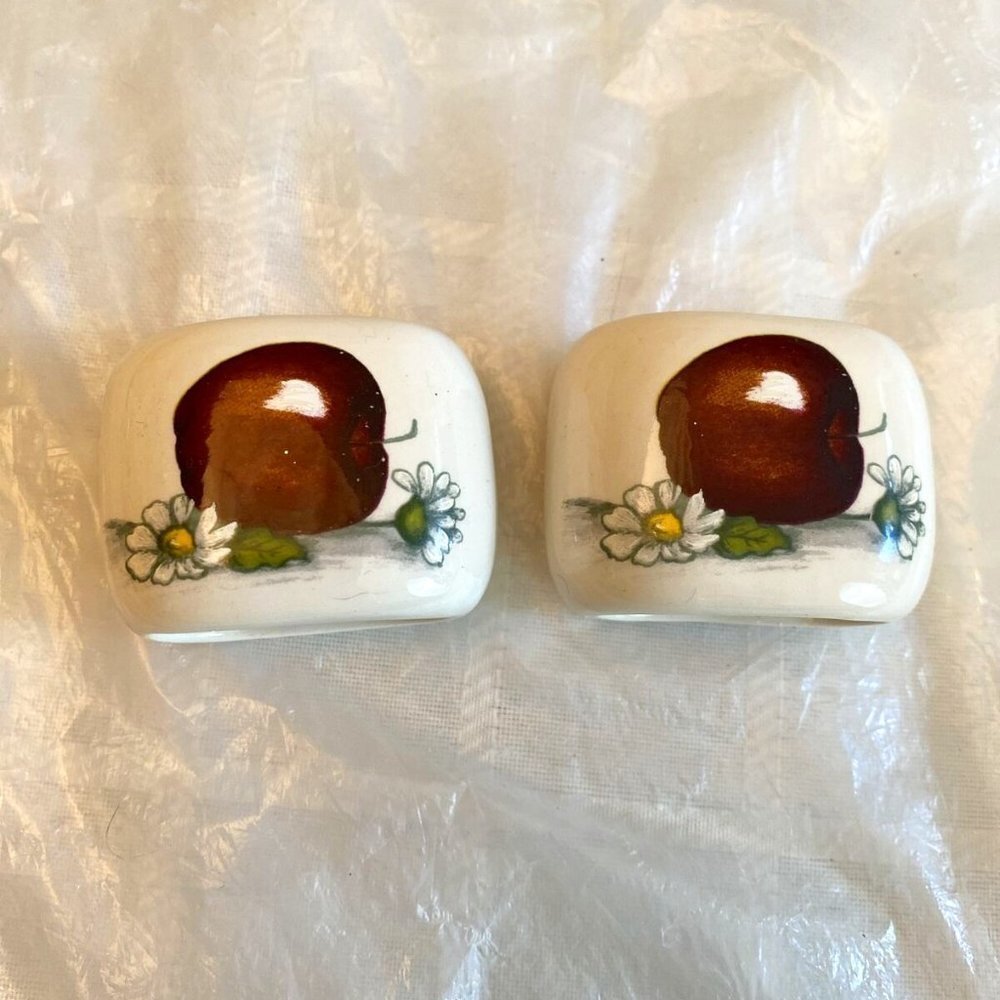 VTG 70s Booths USA Napkin Rings Ceramic Pair Apples Daisies Hand Painted Rustic